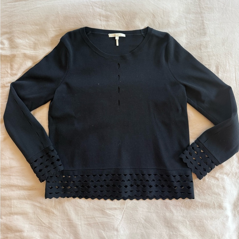 Maje Black Long-Sleeve Cutout Hem Knit Top